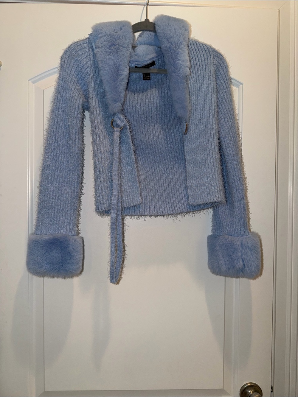 Forever 21 Light Blue Faux Fur Trim Knit Sweater